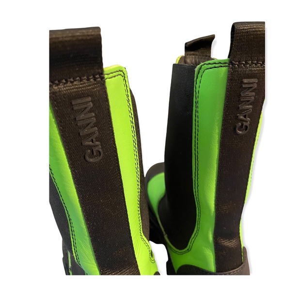 Ganni Calf Leather Brat Green Mid Chelsea Boot Neon Lime Green Chunky Lug - Picture 7 of 9